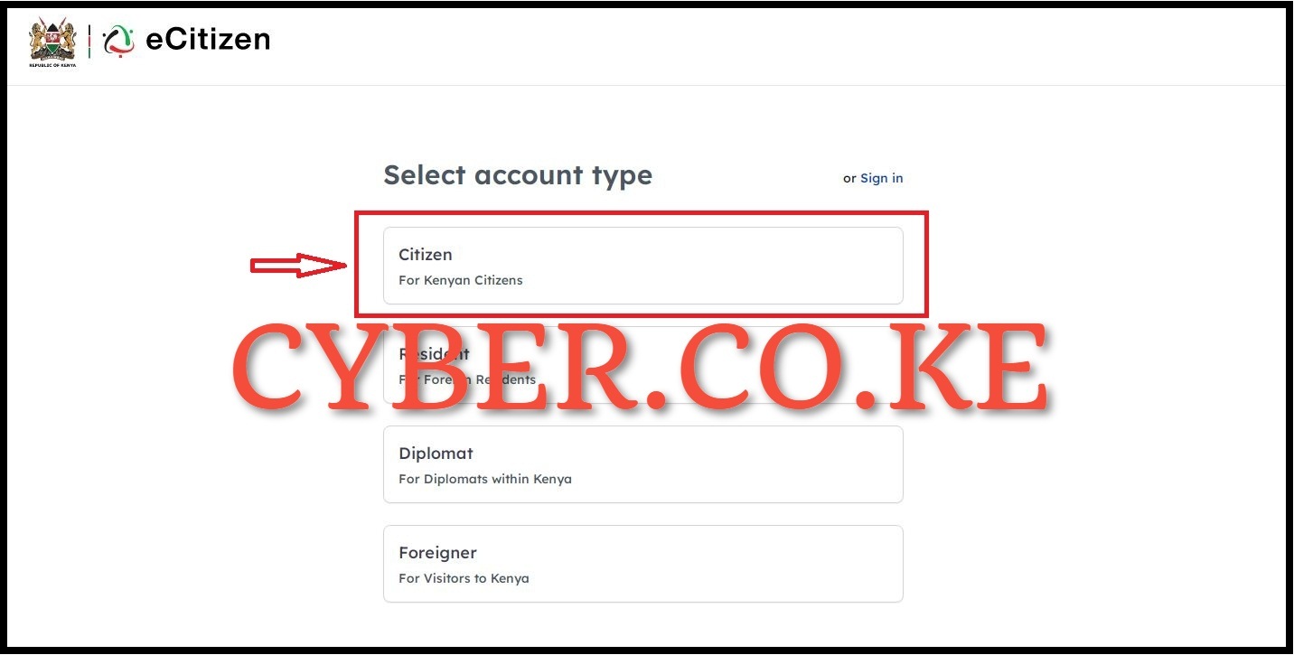 Select eCitizen Account Type