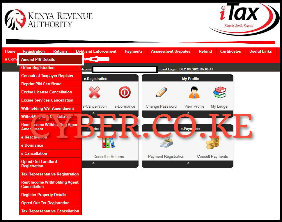Click On The Registration Menu Tab Followed By Amend PIN Details