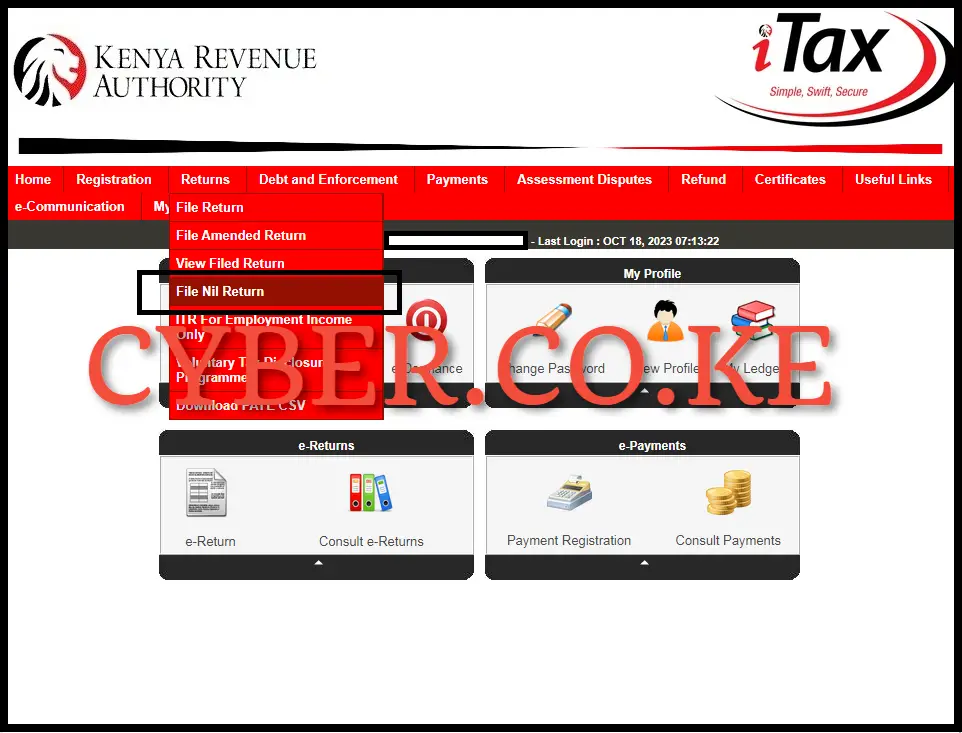 Once you are logged into your iTax account, click on the "Returns" module and then click on "File Nil Return" to start the process of filing your KRA Returns on iTax for the first time. 