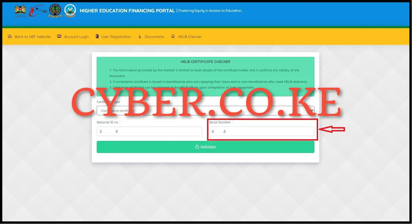 Enter HELB Compliance Certificate Serial Number
