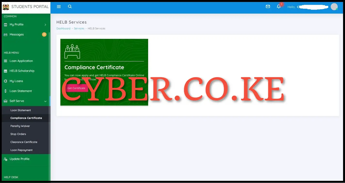 Click On Get HELB Compliance Certificate
