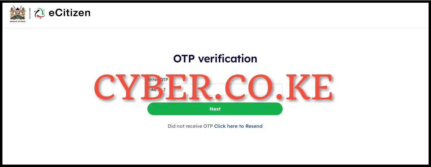 Enter eCitizen Account OTP Verification Code