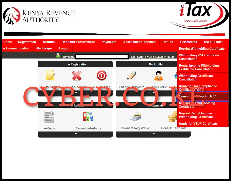 Click on Certificates and then Consult and Reprint KRA Clearance Certificate