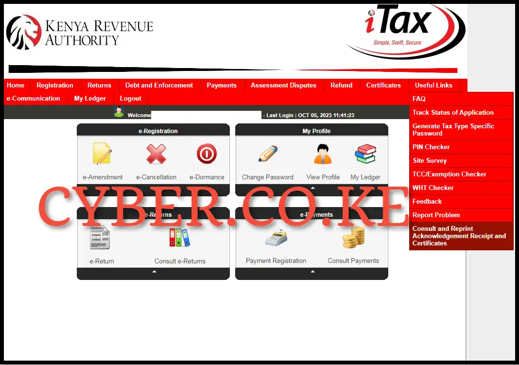 In this step, once you are logged into iTax (KRA Portal) account, on the top right hand side, click on "Useful Links" then click on "Reprint Acknowledgement Receipt and Certificates" from the drop down list. 