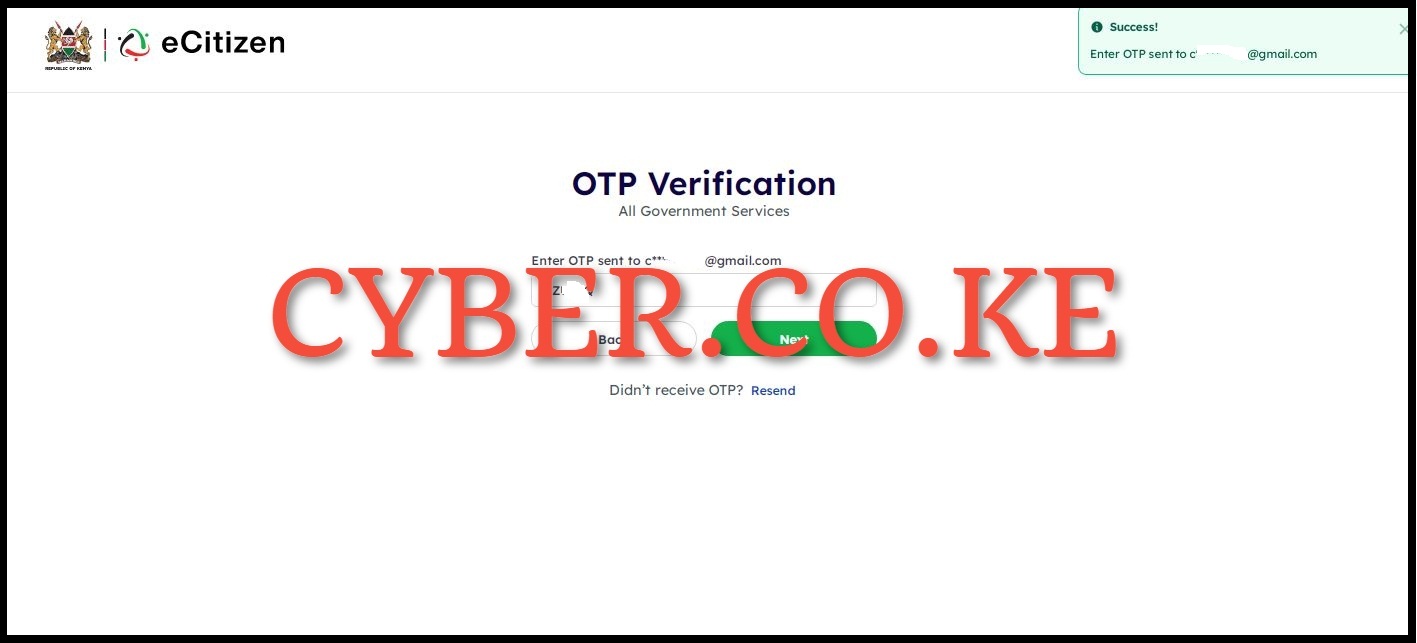 Enter eCitizen Account OTP Verification