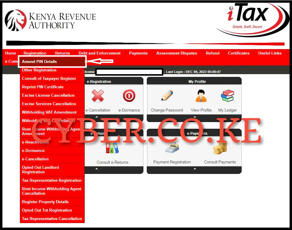 Click On The Registration Menu Tab Followed By Amend PIN Details