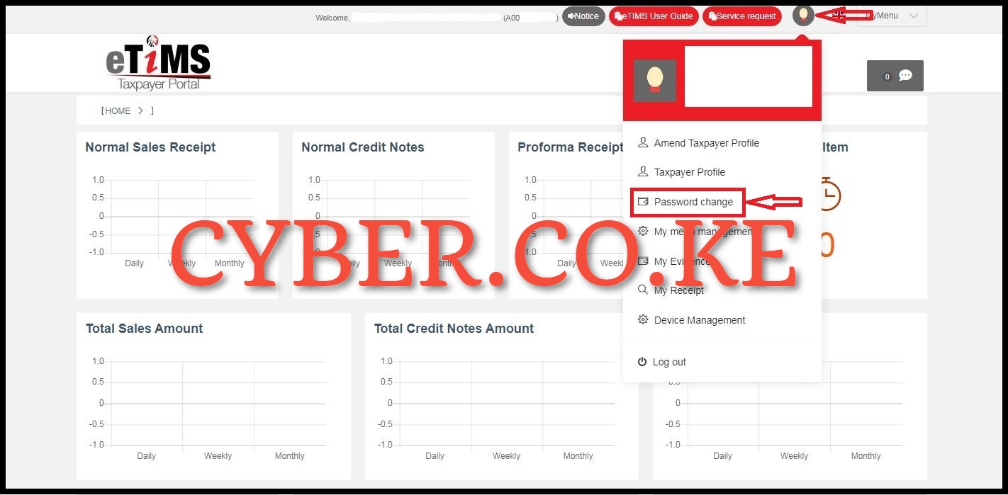 Under the eTIMS Profile, click on "Pasword Change" to begin the process of changing the password on eTIMS Taxpayer Portal account. 