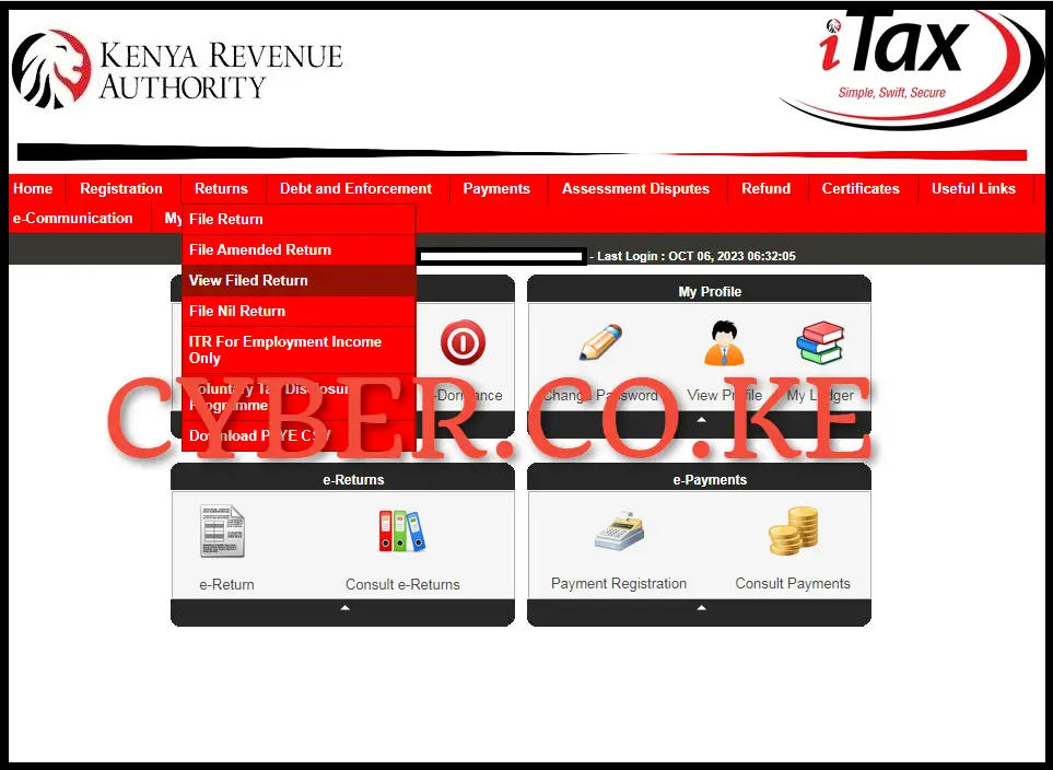 Click on Returns followed by View Filed Return