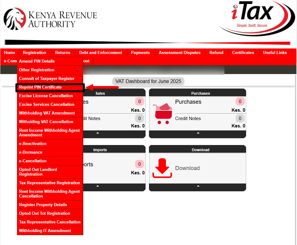 click registration then reprint pin certificate