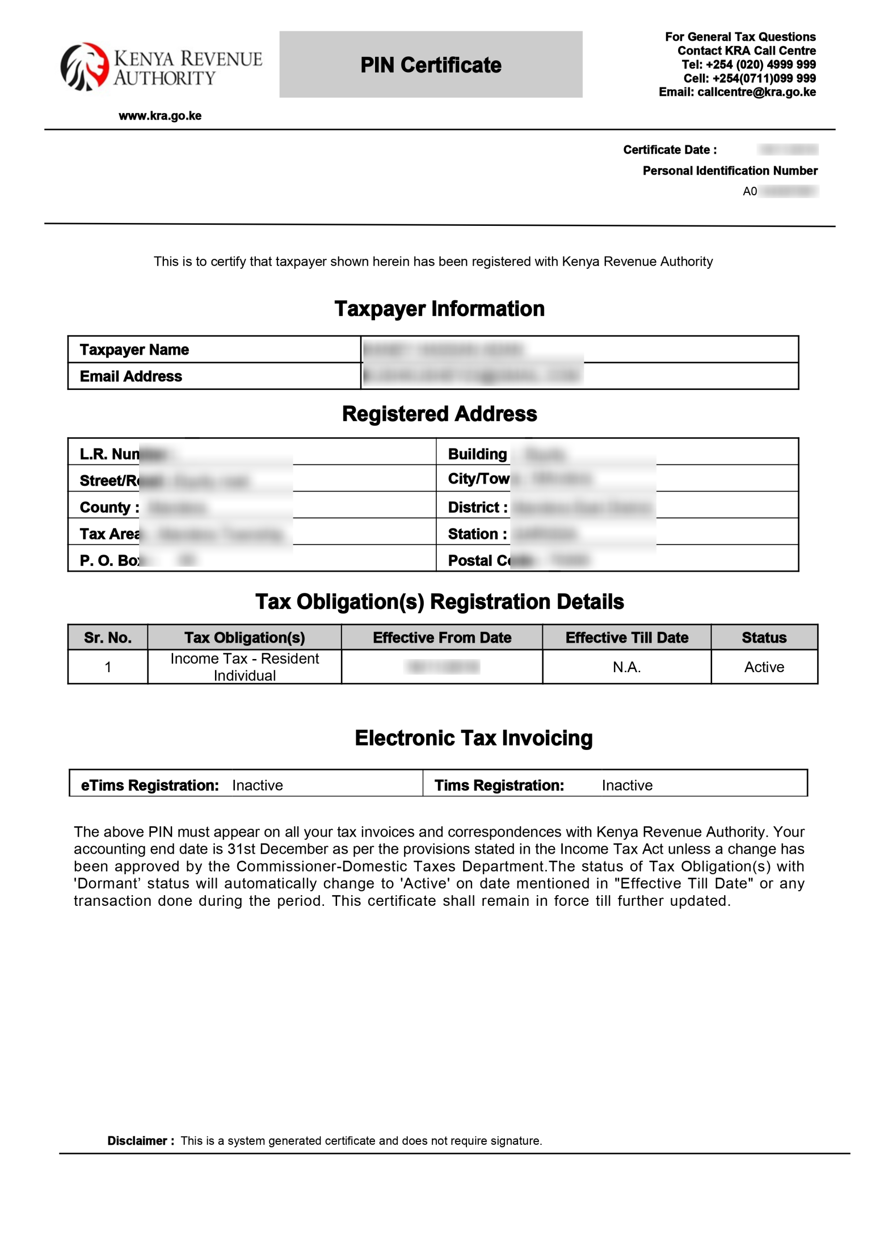 kra pin certificate