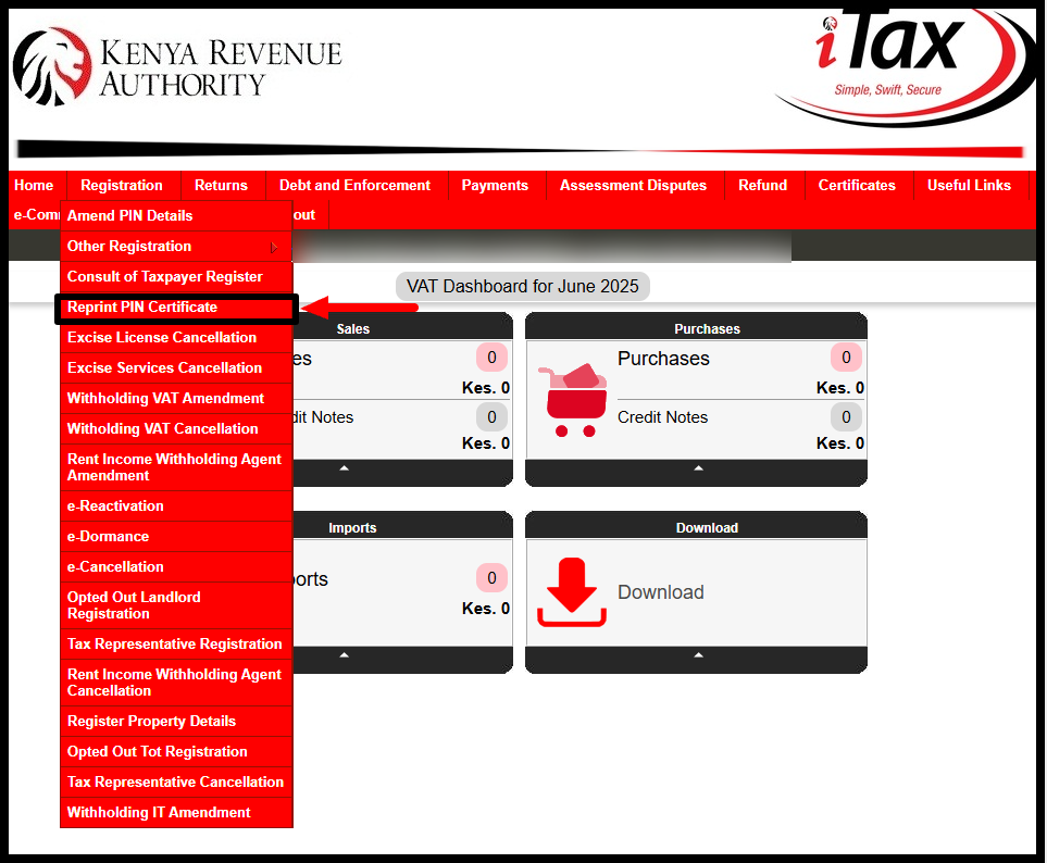 In this step, once logged into KRA Portal successfully, on the top menu click on “Registration” and from the drop-down menu list click on “Reprint PIN Certificate“. Both Reprint PIN Certificate and Reprint KRA PIN Certificate means the same thing as Downloading KRA PIN Certificate.
