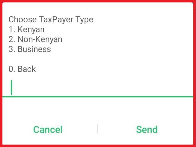 You will be asked to specify your taxpayer type either Kenyan, Non Kenyan or Business. Select option 1 - Kenyan. This step helps the system determine how to process your KRA PIN information from the KRA database. 
