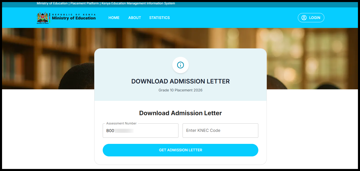 On the admission letter page, enter the learner’s Assessment Number in the required field, ensuring it is typed exactly as issued under the Competency Based Curriculum (CBC) without any extra spaces or errors.