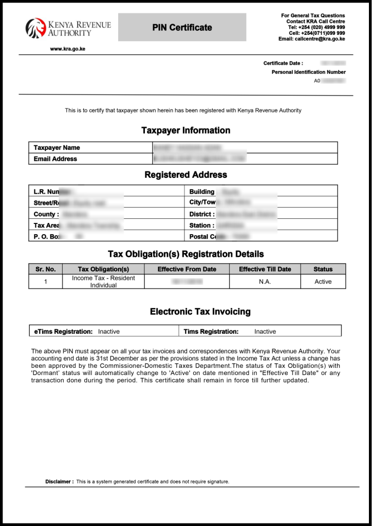 kra pin certificate