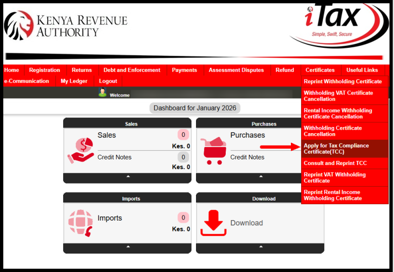 Click on the “Registration” menu and from the dropdown list, select “Apply for Tax Compliance Certificate (TCC)” to beging the application process.