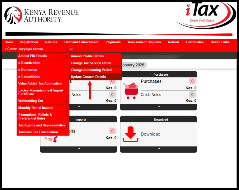 In this step, from your iTax account dashboard, on the top menu, follow this sequence; click on “Registration” menu, then “Amend PIN Details” and finally “Update Contact Details” to start the process of changing and updating your mobile number on iTax.
