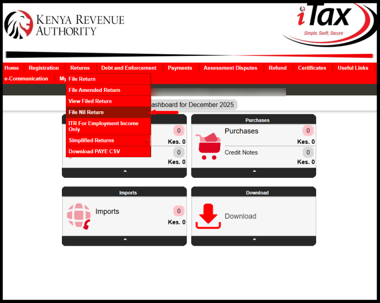 After logging in to iTax, go to the “Returns” menu and select “File KRA Nil Returns” from the dropdown list.