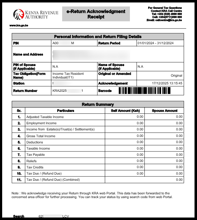 Simply click the “Download KRA Returns Receipt” link to save or print a copy for your records. This marks the final step of filing KRA Returns for Unemployed in Kenya.