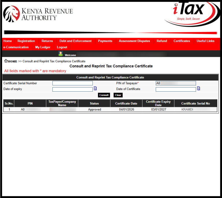 The last step involved the downloading of the Tax Compliance Certificate. To download the same, click on the “Certificate Serial Number” i.e. KRAMDI1**12****6 that will in turn download a copy of the Tax Compliance Certificate to your device.