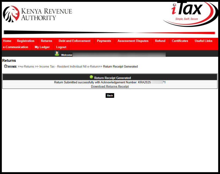 Download e-Return Acknowledgement Receipt (KRA Returns Receipt)