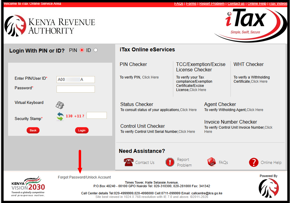 Next, you need to enter your KRA PIN Number or National ID Number, click on the “Continue” and then click on the link labelled “Forgot Password/Unlock Account” to begin the process of iTax Password Reset. 