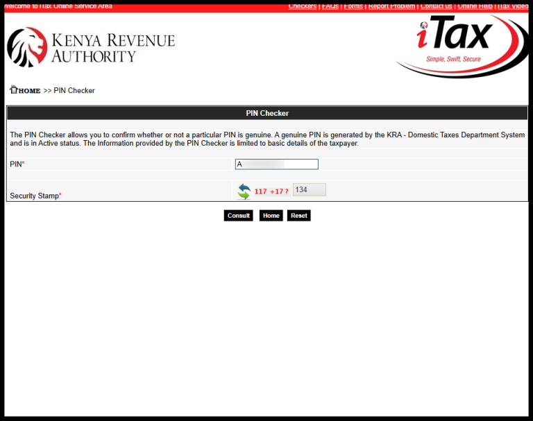 In this step, enter your “KRA PIN Number” and solve the arithmetic question (security stamp). Once you have done so, click on the “Consult” button.