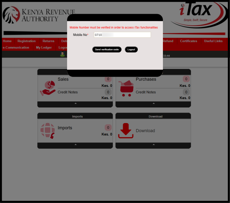Once logged into iTax, you will see the notification “Mobile Number must be verified in order to access iTax functionalities.” At this point, if the mobile number displayed is yours, you can go ahead and click on the “Send Verification Code” button. If you want to add your new mobile number, just delete that mobile number and enter the new one that you want to use on iTax.