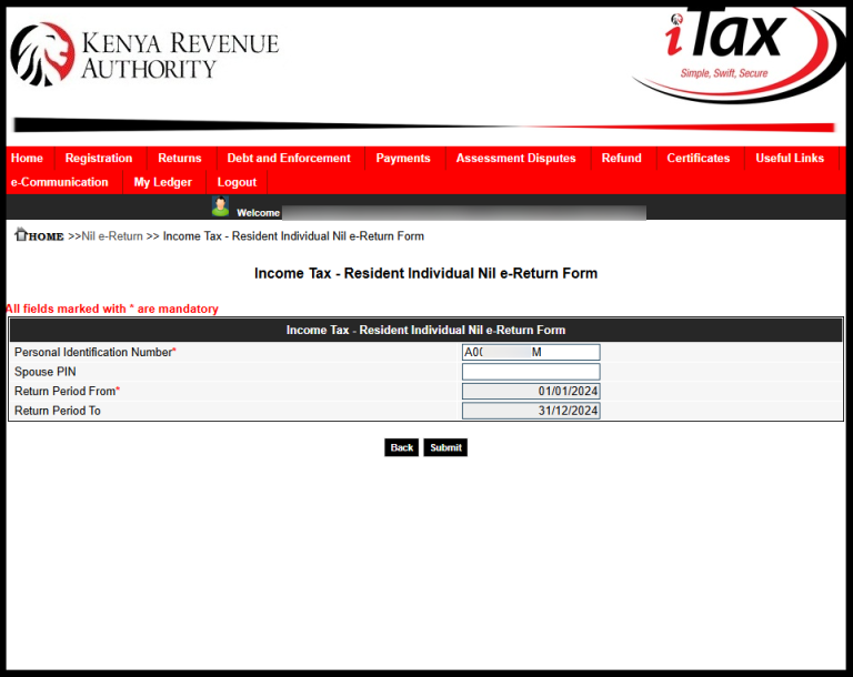 Next, fill in the Income Tax Resident Individual Nil e-Return form. If your KRA returns are up to date, entering the “Return Period From” will automatically set the “Return Period To.” For example, enter 01/01/2025 as the start date, which will set 31/12/2025 as the end date, then click “Submit.”