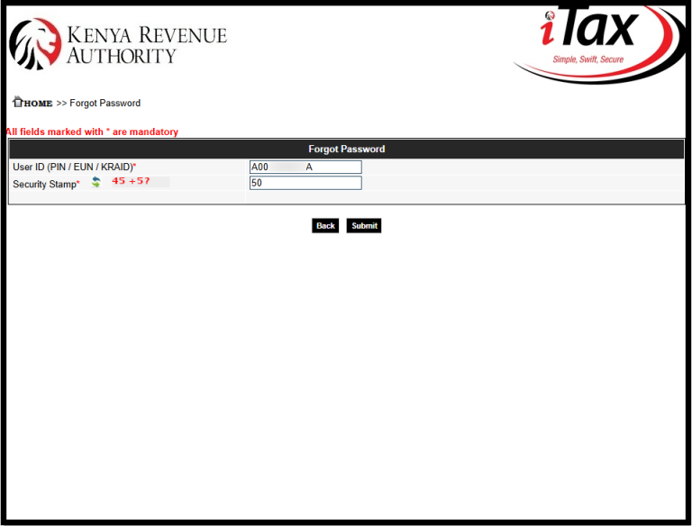 At this stage, complete the online Forgot KRA Password request form by entering the required details. Solve the arithmetic security question and click the “Submit” button to proceed. A password reset email will then be sent to your registered email address, which you should check to continue with the KRA password reset process.