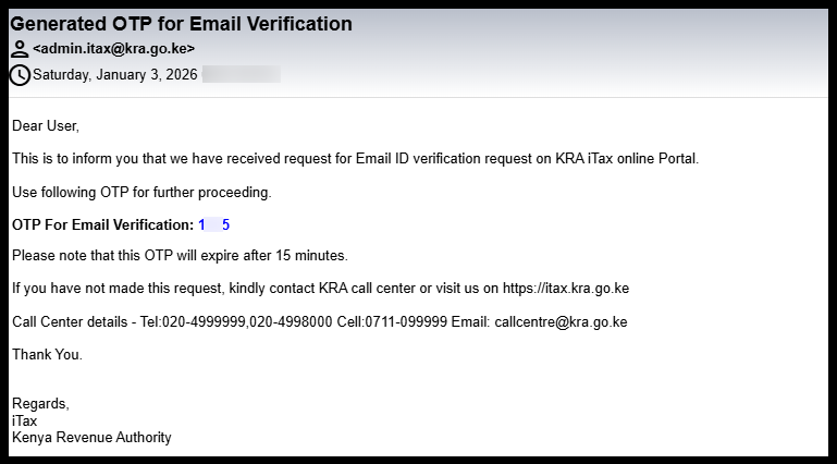 Once you have received the OTP For Email Verification from KRA, enter the same and click on “Submit” button. 