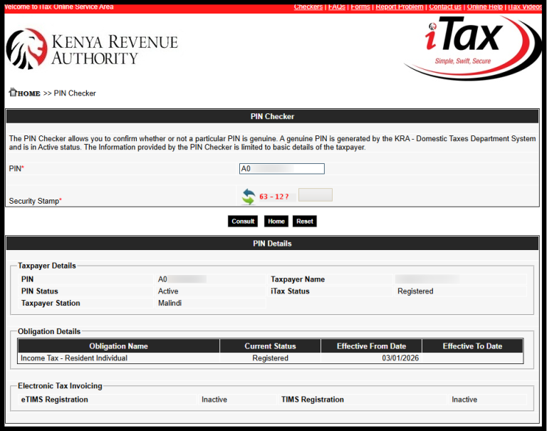 The last and most important step in checking KRA PIN Number using KRA PIN Checker is the results of the check i.e. KRA PIN details. This is categorized into 3 sections: Taxpayer Details, Obligation Details and Electronic Tax Invoicing.