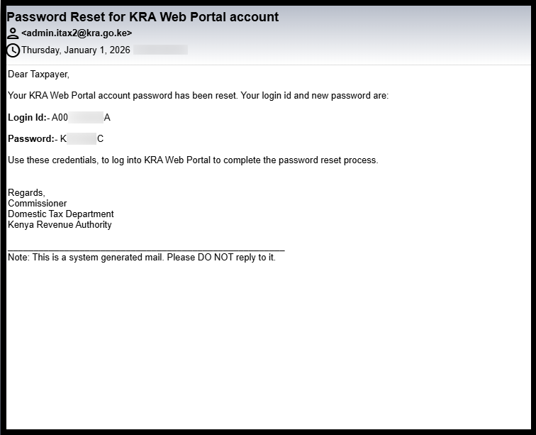 Next, confirm the email address associated with your KRA PIN. The iTax password reset email, which includes your KRA PIN and a system-generated temporary password (acting as your old password), will be sent to this address. You will use this temporary password to create a new KRA password on the iTax (KRA Portal).