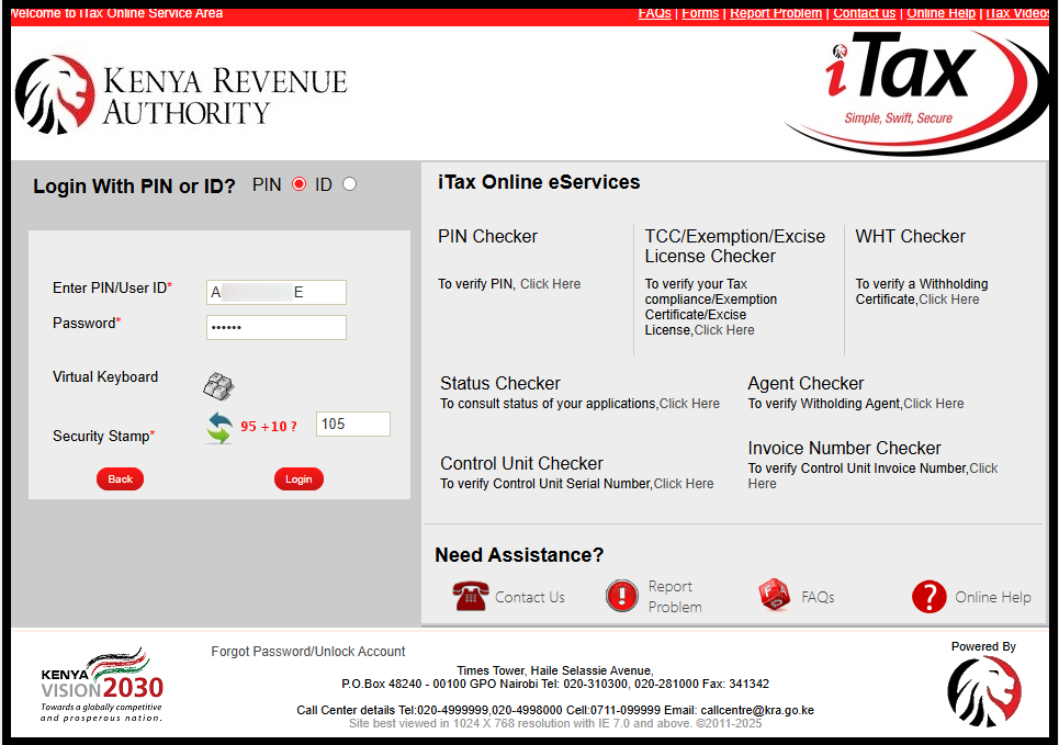 Next, log in to iTax using either your KRA PIN Number or National ID Number, along with your KRA Password (iTax Password). After entering your credentials, complete the arithmetic security question and click the “Login” button to access your KRA Portal account.