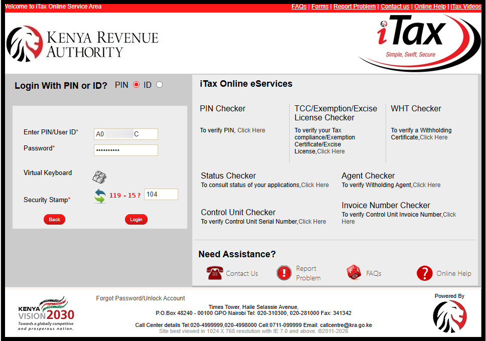 Next, enter KRA PIN Number or ID Number, click on the “Continue” button, enter iTax Password (KRA Password), solve the arithmetic question (security stamp) and click on the “Login” button to access your iTax account.