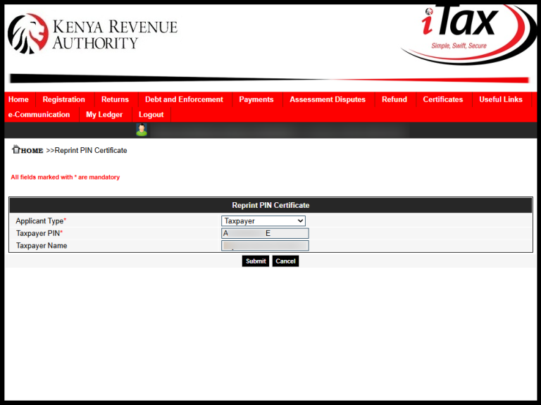 Next, you need to select the applicant type i.e. either “Agent” or “Taxpayer“. Since you are downloading your KRA PIN Certificate as a taxpayer, choose “Taxpayer” as the applicant type. Once selected, click the “Submit” button to proceed.