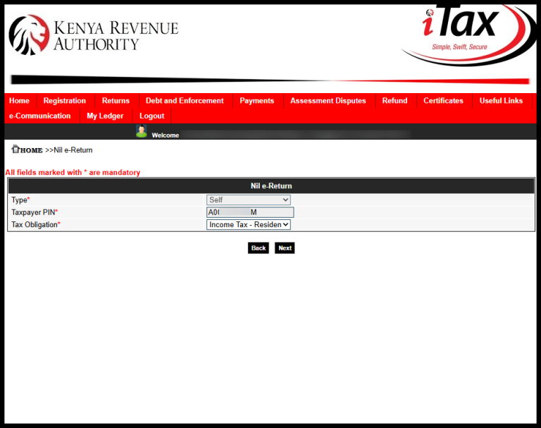 In this step, select the KRA Tax Obligation for which you want to file the Nil Returns. For students, choose “Income Tax – Resident Individual,” then click the “Next” button to proceed.