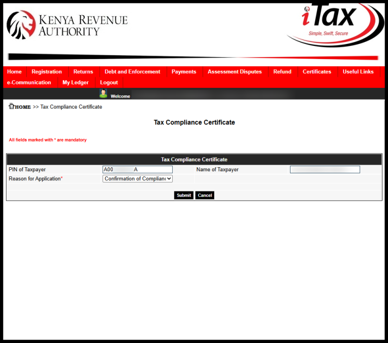 Next, you need to select the reason you are applying for a KRA Tax Compliance Certificate (TCC). The reasons that you can select from includes: job application, government tender, renewal of work permit, clearing and forwading agents, seeking liquor licences, confirmation of compliance status or other regulatory requirements. Once you have selected the reason for Tax Compliance Certificate application, click on the “Submit” button. 